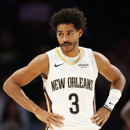 MIAMI, FLORIDA - JANUARY 04: Jordan Poole #3 of the New Orleans Pelicans looks on against the Miami Heat during the first quarter of the game at Kaseya Center on January 04, 2026 in Miami, Florida. NOTE TO USER: User expressly acknowledges and agrees that, by downloading and or using this photograph, User is consenting to the terms and conditions of the Getty Images License Agreement. (Photo by Megan Briggs/Getty Images)